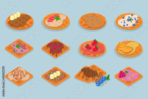 3D Isometric Flat Vector Illustration of Homemade Pastry, Assorted Belgian Waffles with Fresh Berries, Cream, and Icecream