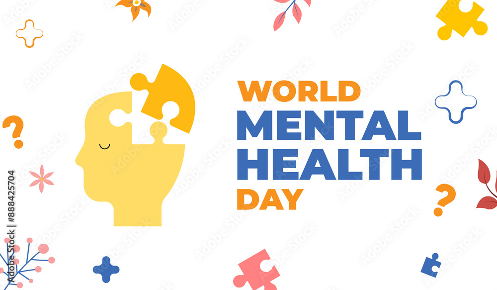Fototapeta premium World Mental Health Day Awareness Poster With Puzzle Pieces of brain emphasising mental health awareness and support.