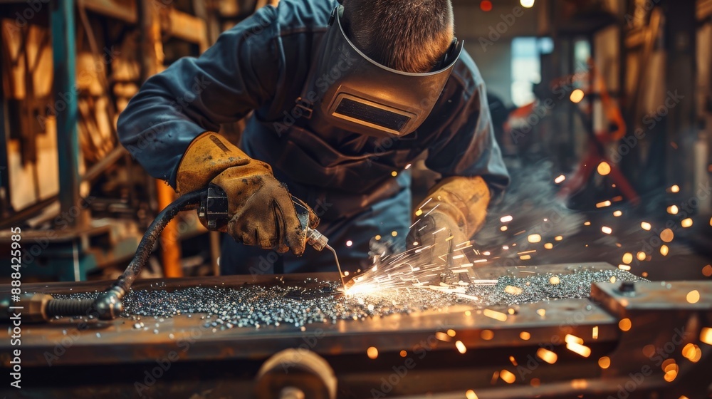 A man in a blue shirt and black gloves is working on a piece of metal. Concept of hard work and dedication, as the man is focused on his task A man in a blue shirt and black gloves is working on a piece of metal. Concept of hard work and dedication, as the man is focused on his task