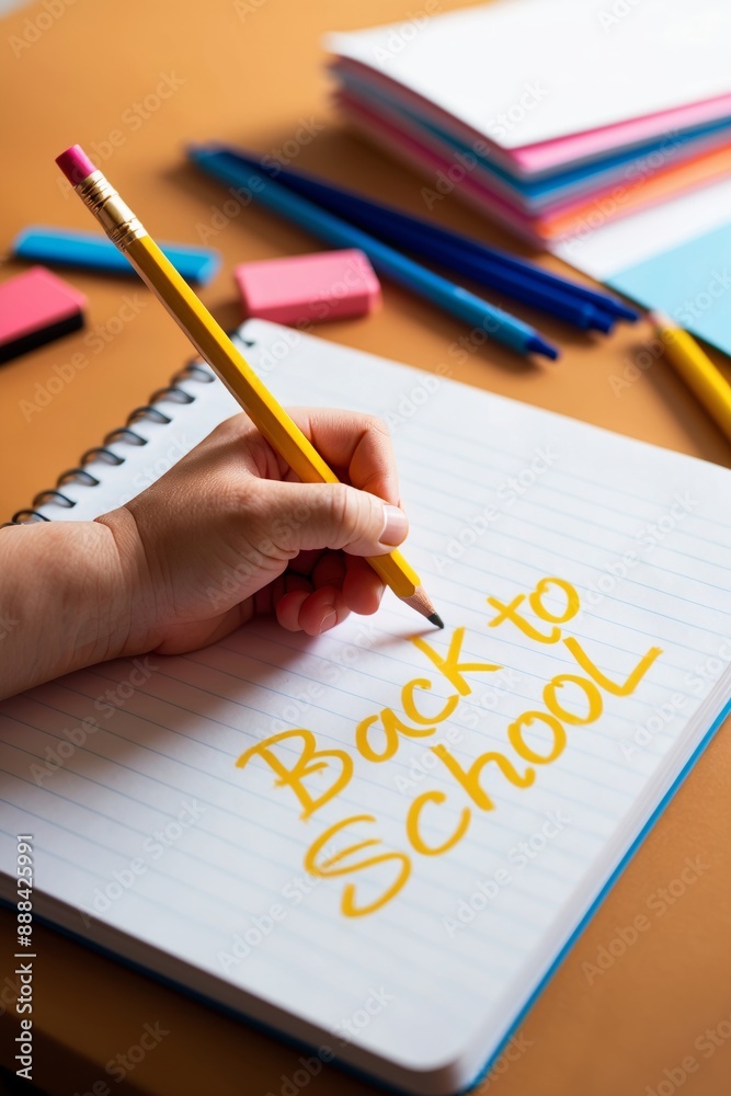 Child Writing Back To School Message in Notebook Child Writing Back To School Message in Notebook