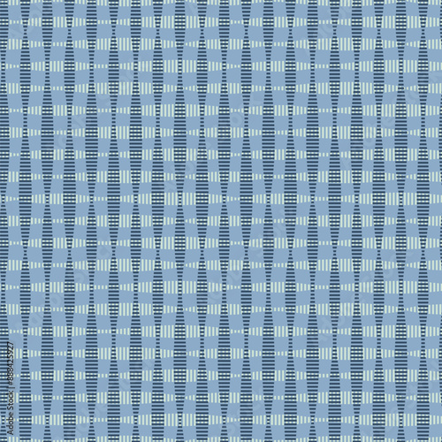 A complex geometric vector seamless pattern featuring interlocking light and dark blue shapes. The design creates an illusion of depth and movement, resembling a woven textile.