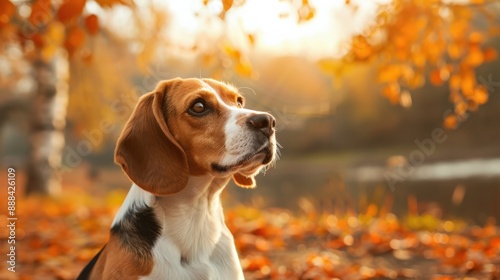 A dog is standing in a field of autumn leaves. The dog is looking at the camera with a curious expression. The leaves are scattered all around the dog, creating a sense of movement and energy