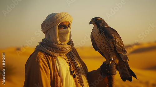 oriental man holding a hawk in the desert