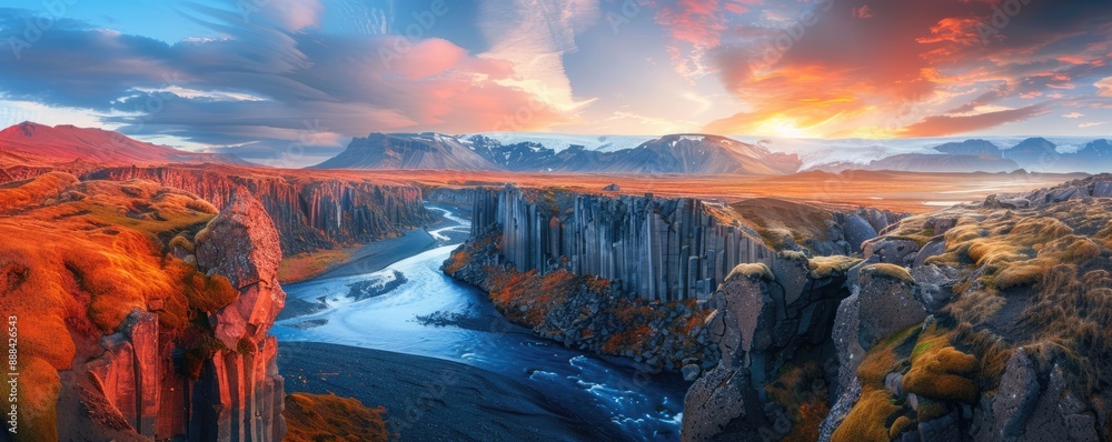 Fototapeta premium Icelandic Landscape at Sunset with Basalt Columns and River