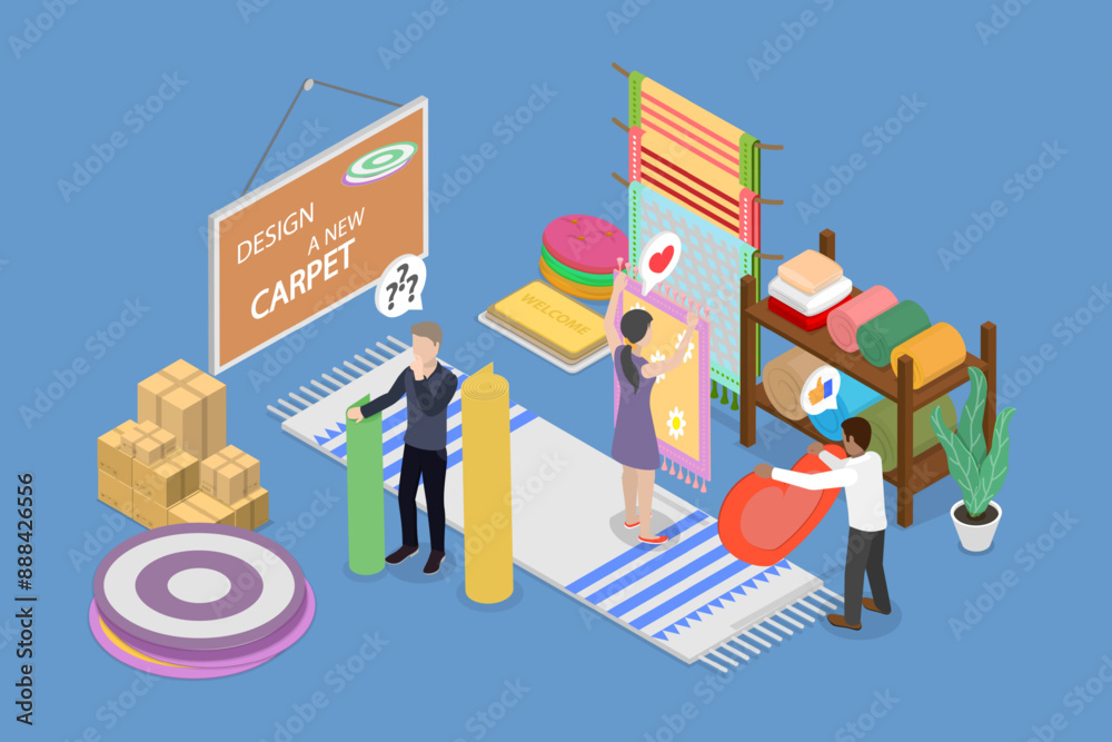 3D Isometric Flat Vector Illustration of Textile Shop, Manufacture, Sale of Carpets and Materials 3D Isometric Flat Vector Illustration of Textile Shop, Manufacture, Sale of Carpets and Materials