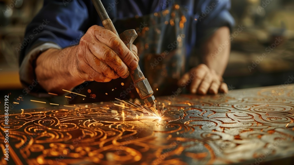 A man is working on a piece of metal with a torch. Concept of craftsmanship and dedication to the task at hand. The man's hands are covered in grease A man is working on a piece of metal with a torch. Concept of craftsmanship and dedication to the task at hand. The man's hands are covered in grease