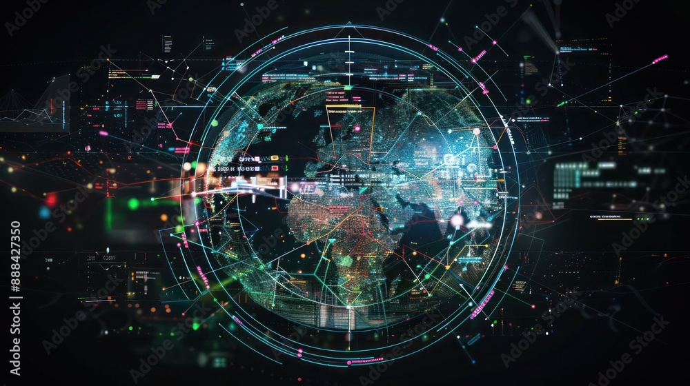 Obraz premium digital financial ecosystem map for a multinational corporation, detailing interlinks between different markets and currencies