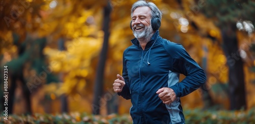Senior Man Running in Autumn Park With Headphones