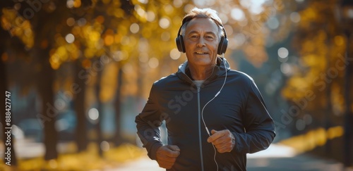 Senior Man Running Through Fall Foliage While Listening to Music