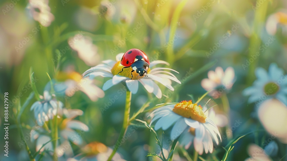 Fototapeta premium Ladybug on a chamomile flower in full bloom