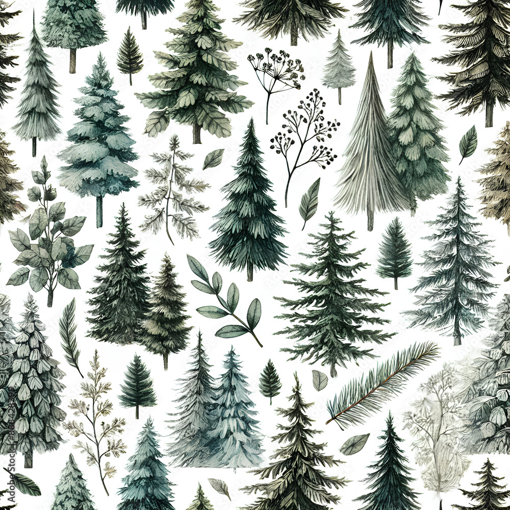 seamless pattern with watercolor pine trees and spruces hand drawn on white background2443