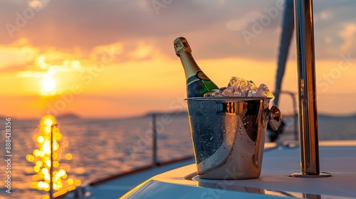 Fototapeta Naklejka Na Ścianę i Meble -  A chilled bottle of champagne awaits in an ice bucket on a luxury catamaran, ready to be poured and enjoyed during a sunset cruise on a tropical vacation.