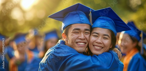 Two Happy Graduates Hugging at a Sunny Graduation Ceremony