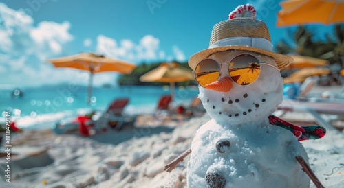 Snowman Relaxing on Beach With Sunglasses and Orange Beach Chairs