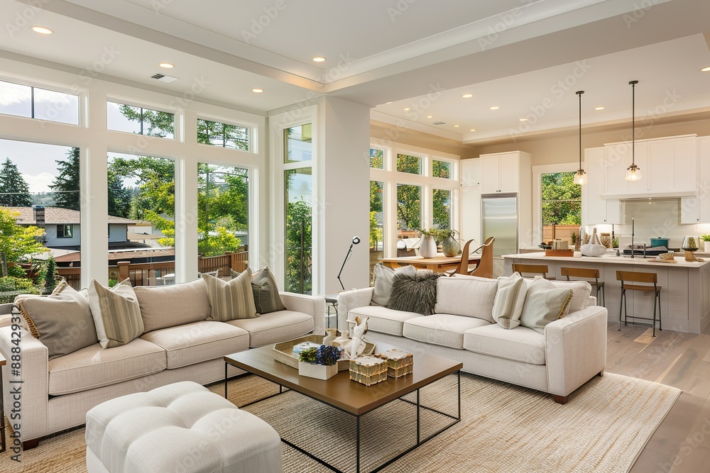 A large living room with white furniture and a glass coffee table
