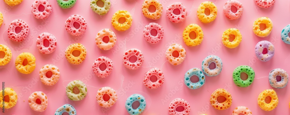 A row of colorful cereal pieces are arranged in a line. A row of colorful cereal pieces are arranged in a line.