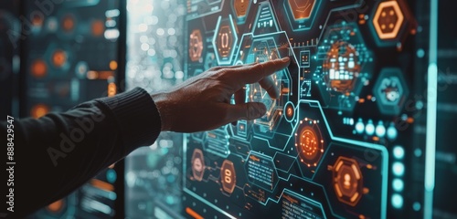 Man Interacting With Large Interactive Display of Digital Data
