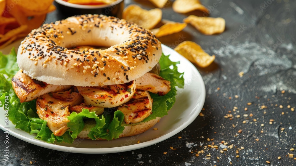 Grilled chicken bagel sandwich with lettuce and chips on side