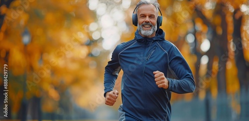 Senior Man Running in Autumn Park With Headphones