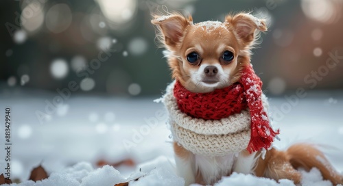 Small Brown Chihuahua Dog Wearing Red Scarf in Winter Snow