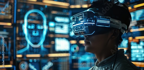Man Wearing Virtual Reality Headset in Front of Computer Screens