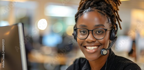Smiling Customer Service Representative Wearing Headphones and Glasses in Office