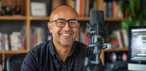 Smiling Man Recording Audio Podcast in Home Studio