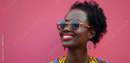 Woman Smiling In Sunglasses Against Pink And Yellow Wall
