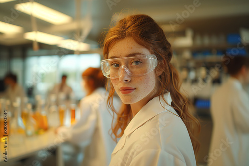 A young red-haired woman in a lab coat and goggles stands in front of a group of scientists.