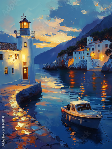 impressionist oil painting for small town by the river, palette knife landscape artwork, sunset or sunrise, dawn or dusk. Design for Wall Art, Poster Print, Wallpaper & Background