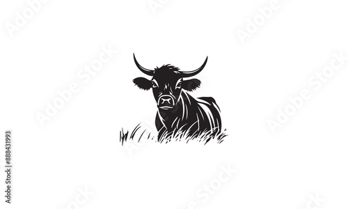 Cattle Angus Cow & Grass silhouette livestock farm black logo design on white background