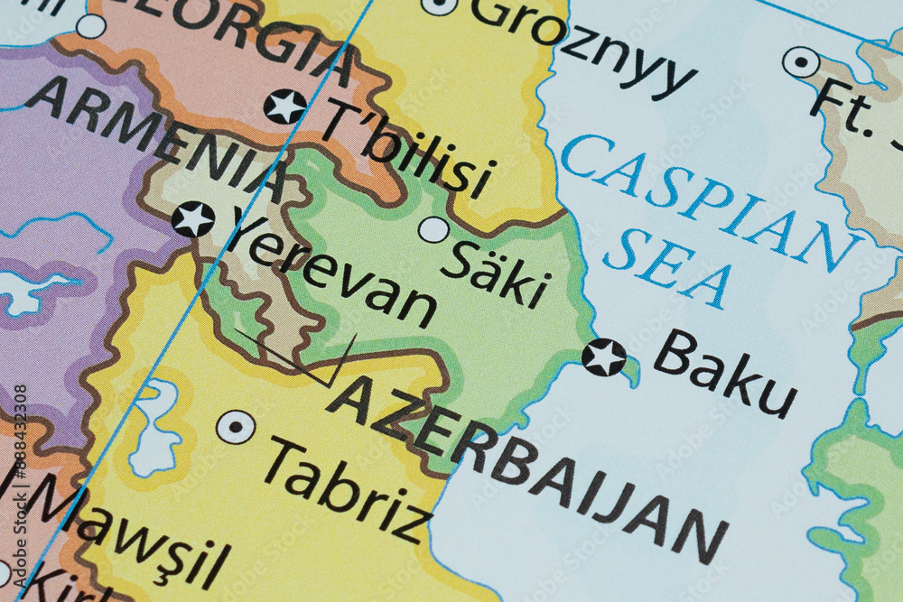 Close up to a Azerbaijan political map with country frontiers and most importants cities Close up to a Azerbaijan political map with country frontiers and most importants cities