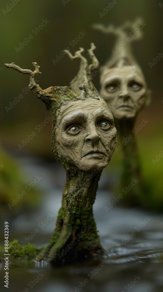 An expertly composed photograph of a forest scene diorama with tree figurines that have detailed expressive faces and a river flowing upwards creating a surreal enchanting atmosphere An expertly composed photograph of a forest scene diorama with tree figurines that have detailed expressive faces and a river flowing upwards creating a surreal enchanting atmosphere