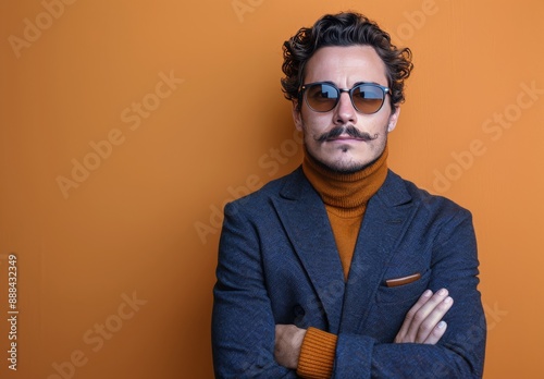 Man Wearing Blue Suit and Sunglasses Stands Against an Orange Background