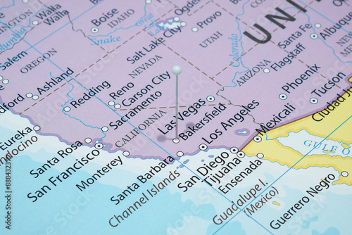 Close up to a Bakersfield city with a white pin needle into United States of America country political map 