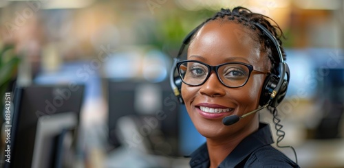 Smiling Customer Service Representative Wearing Headphones and Glasses in a M...