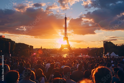 Supporters react after the victory of French President for re-election Emmanuel Macron in France's presidential election, at the Champ de Mars, in Paris photo