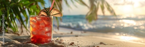 Refreshing Iced Drink on a Tropical Beach at Sunset