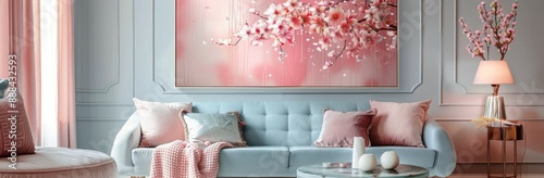 Blue And Pink Living Room Interior Design With Cherry Blossom Artwork