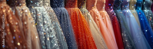 Sequined Evening Dresses Hanging on Racks in a Boutique