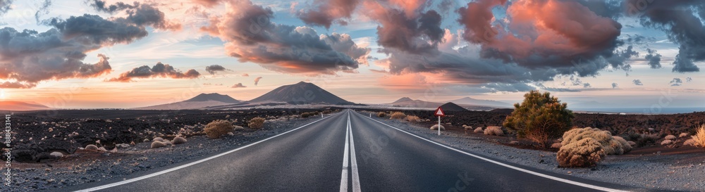 Naklejka premium Empty Road Through a Volcanic Landscape at Sunset