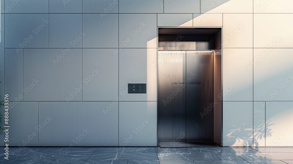 Modern elevator with closed metallic doors in sunlit corridor Modern elevator with closed metallic doors in sunlit corridor