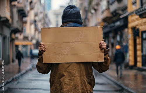 Person Holding Cardboard Sign in City Street