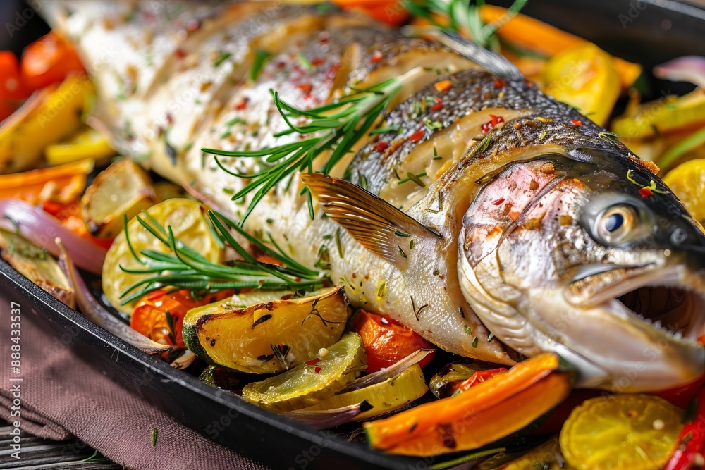 Baked rainbow trout with lemon and vegetables on a tray Baked rainbow trout with lemon and vegetables on a tray