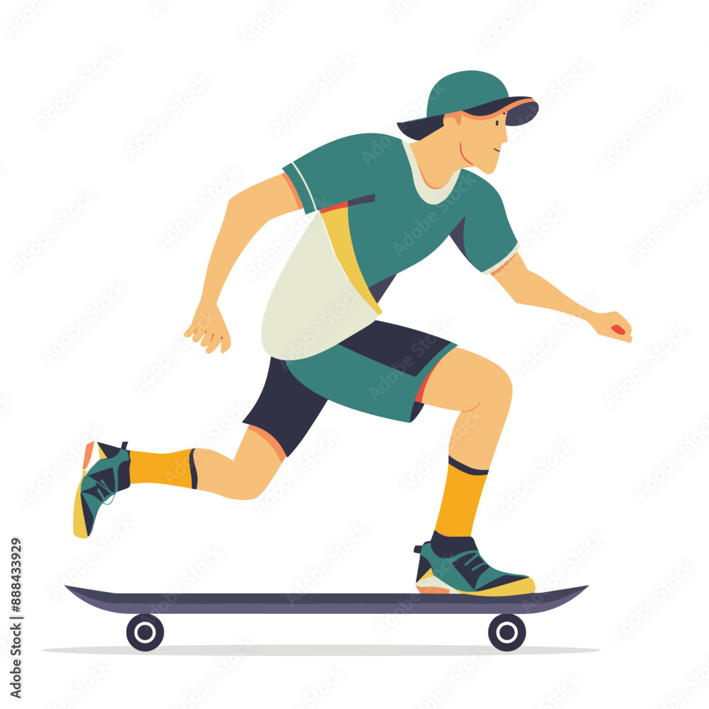 A man is skateboarding down a street. He is wearing a green shirt and black shorts. He is smiling as he rides his skateboard A man is skateboarding down a street. He is wearing a green shirt and black shorts. He is smiling as he rides his skateboard