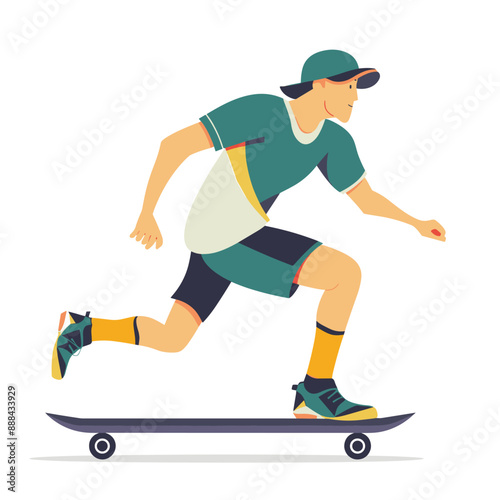 A man is skateboarding down a street. He is wearing a green shirt and black shorts. He is smiling as he rides his skateboard