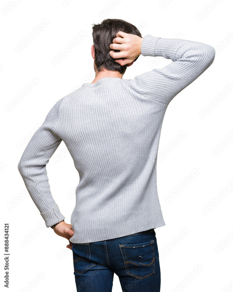 Young handsome man wearing winter sweater over isolated background Backwards thinking about doubt with hand on head Young handsome man wearing winter sweater over isolated background Backwards thinking about doubt with hand on head