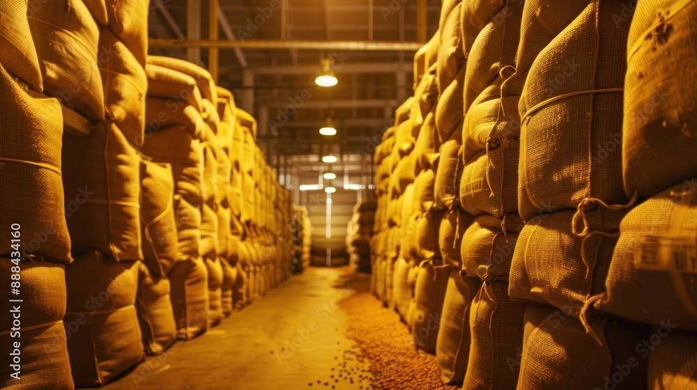 Fototapeta premium A warehouse with rows and shelves filled with boxes of goods, all under the bright lights of an industrial building AI generated