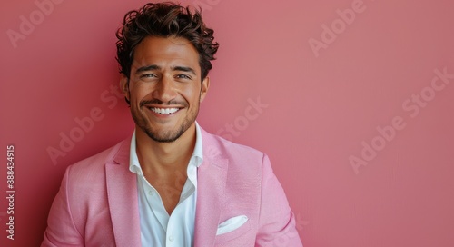 Portrait of a Smiling Man Wearing a Pink Blazer Against a Pink Wall