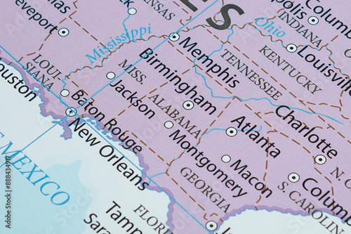 Macro photography of Alabama state of United States of america political map with most important cities and frontiers
